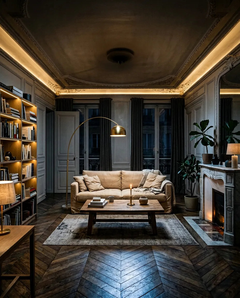 Un salon chaleureux, éclairé en trois couches de lumière