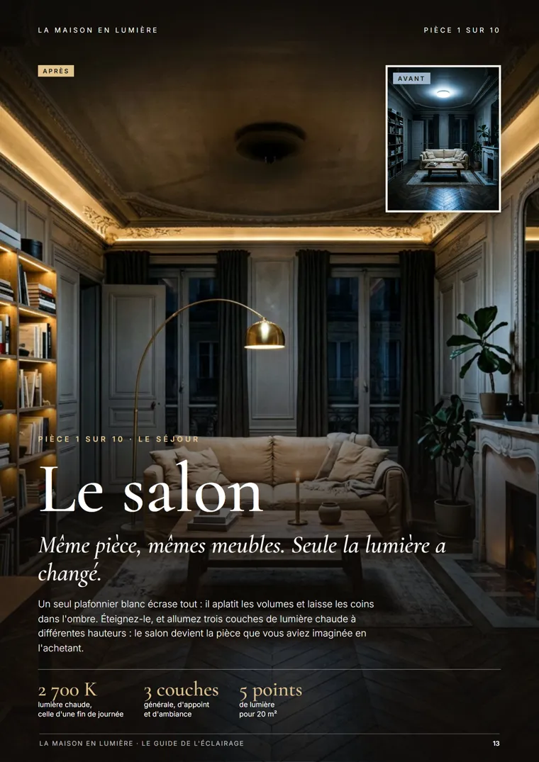 Page du guide : le salon, avant et après